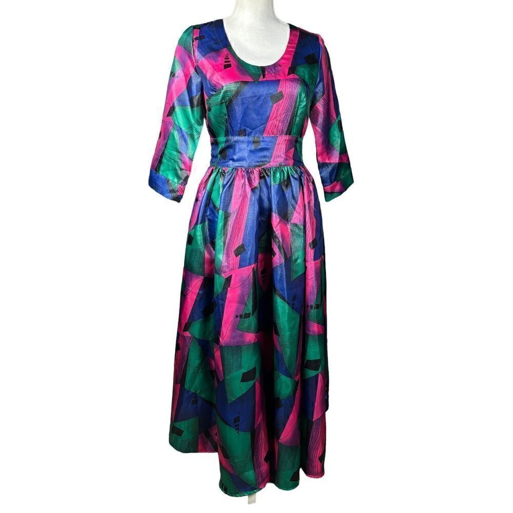 Eien A-Line Midi Dress Size Small Geometric Blue Pink Artsy Vintage Inspired - Picture 2 of 8